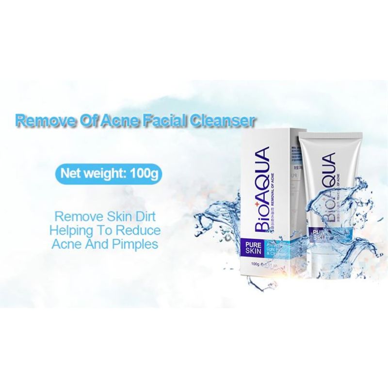 Bioaqua facial cleanser packaging with water splash graphics on a light blue background