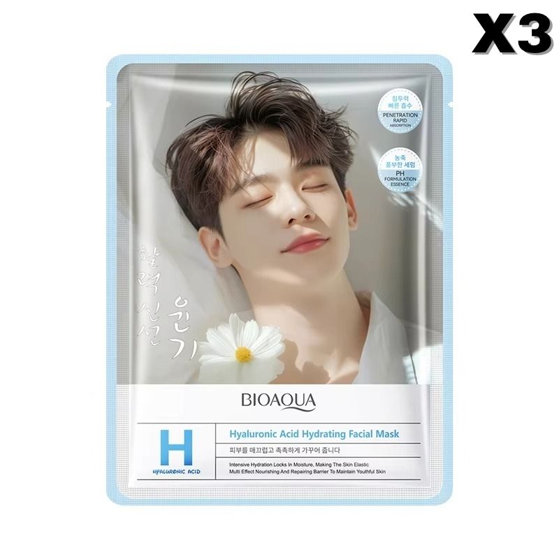 BIOAQUA hyaluronic acid facial mask packaging with a person's face on it, featuring the brand name and product details.