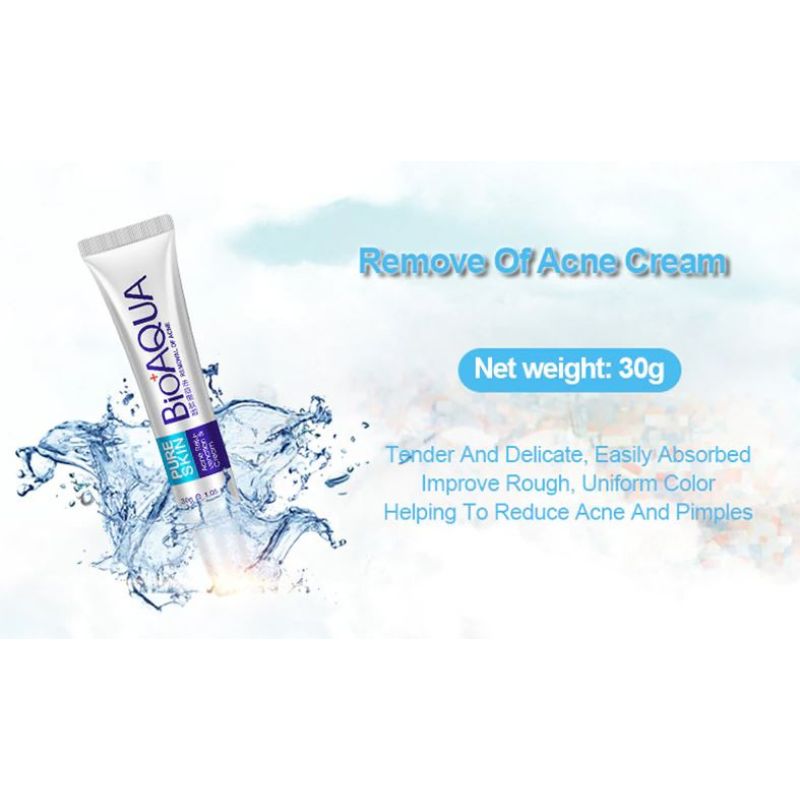 Bioaqua Remove Of Acne Cream tube with water droplets on a white background