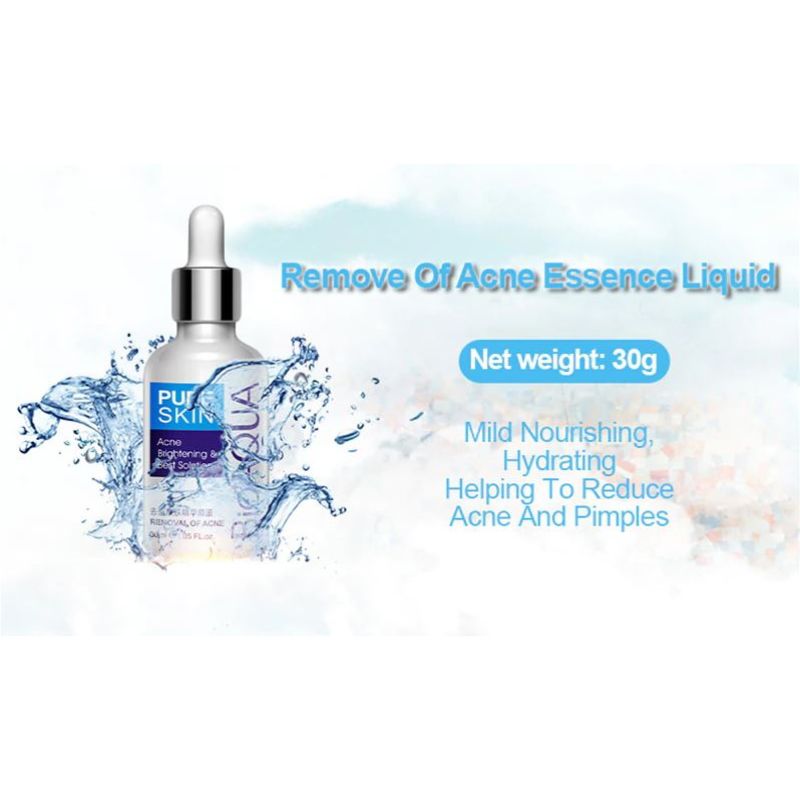 Acne essence liquid bottle with water droplets and text on a white background