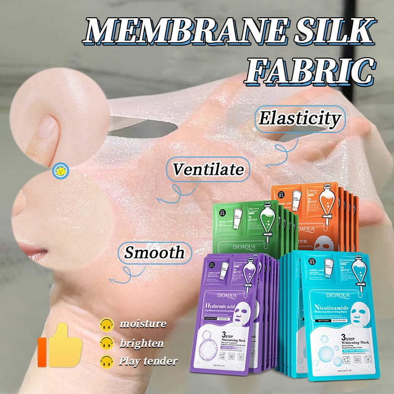 Sheet masks with text highlighting features like elasticity, ventilate, smooth, moisture, brighten, and play tender.