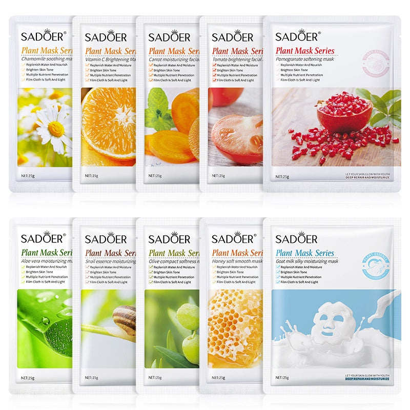 Collection of Sadoer plant mask series packaging with various ingredients on each.