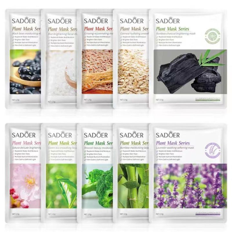 Collection of Sadoer plant mask series packaging on a white background