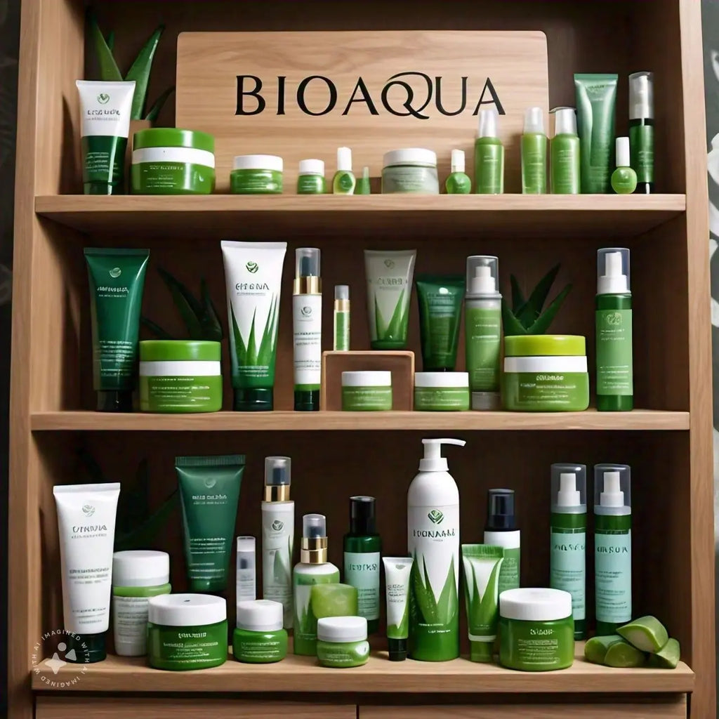 Display of Bioaqua skincare products on a wooden shelf.