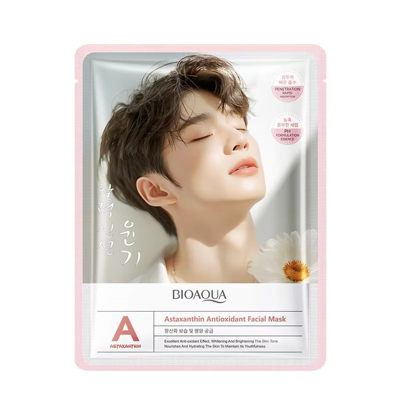 Bioaqua Astaxanthin Antioxidant Facial Mask packaging with a person's face on it.