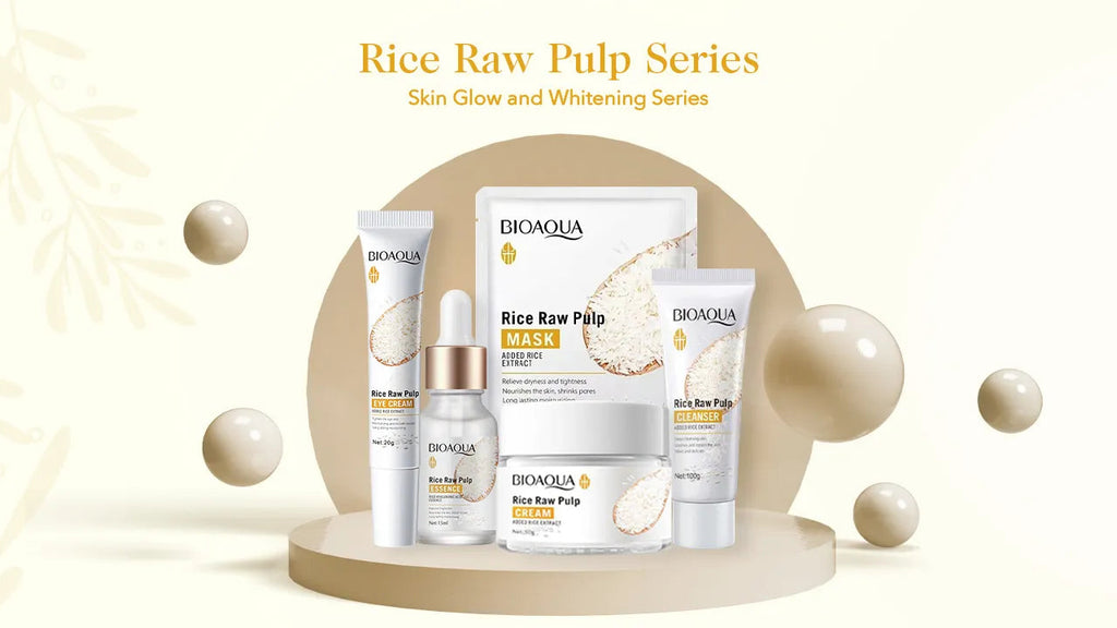 Bioaqua Rice Raw Pulp Series skincare products on a beige background with pearls.