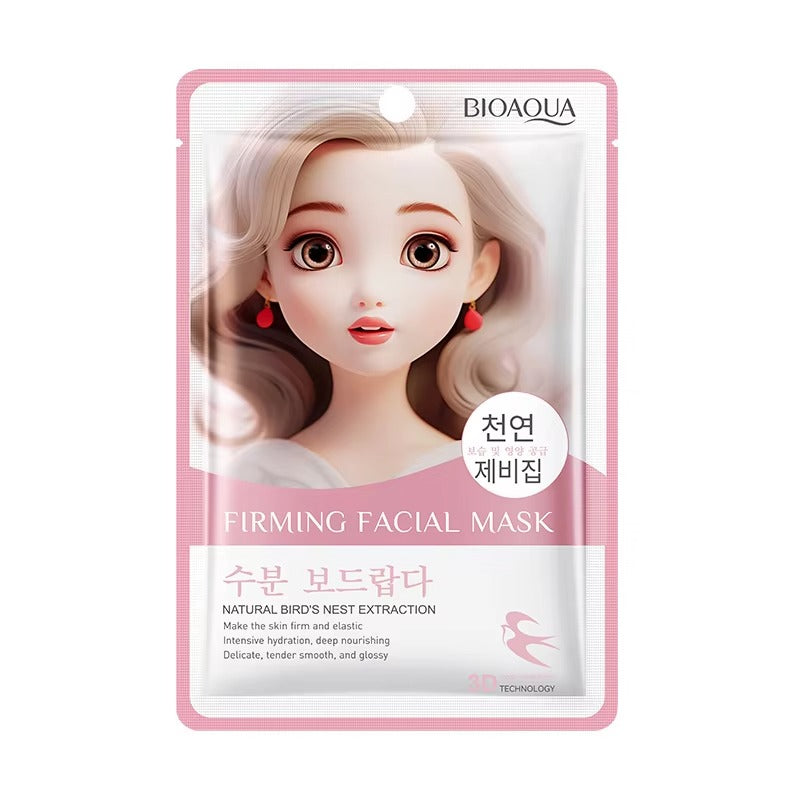 Bioaqua firming facial mask packaging with cartoon character on a white background