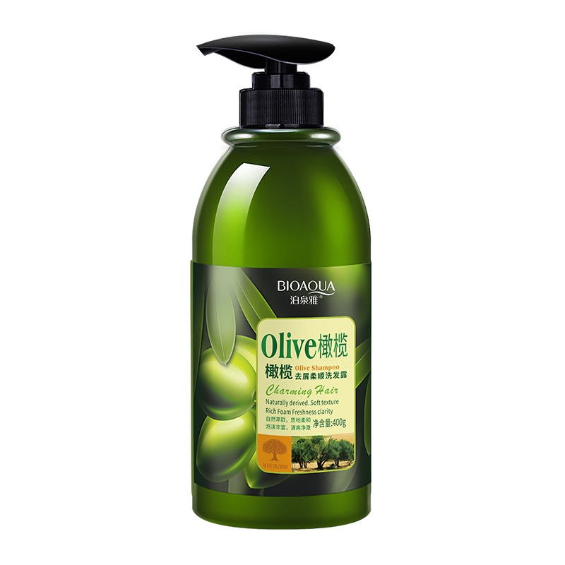 Green bottle of BIOAQUA olive shampoo on a white background