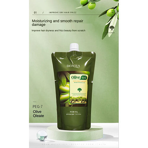 Bioaqua Olive hair care product packaging on a green background