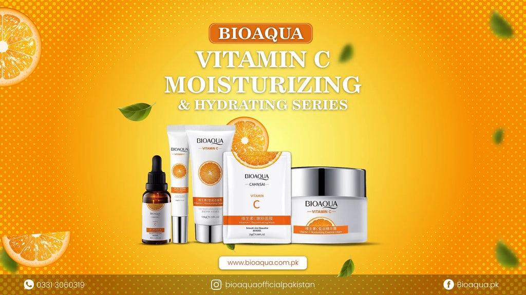 Bioaqua Vitamin C moisturizing and hydrating series on a yellow background with orange slices.