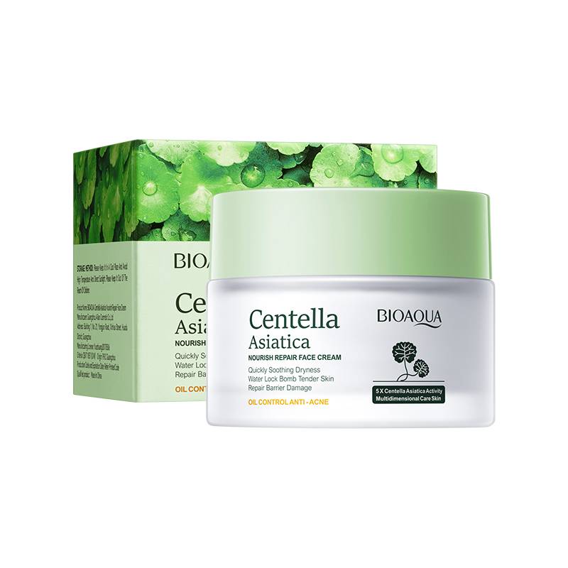 BIOAQUA Centella Asiatica Soothing Nourish Repair Face Cream in a white jar with green lid, alongside its packaging box with product information.