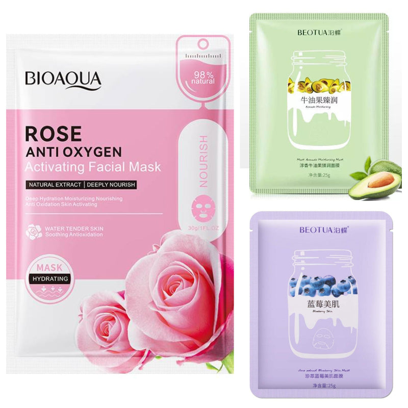 Three facial mask packages with different designs and branding on a white background.