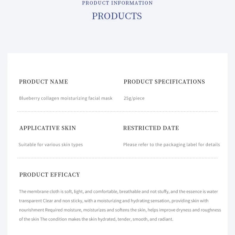 Bioaqua Blueberry Collagen Protein Moisturizing Mask packaging on a blue background