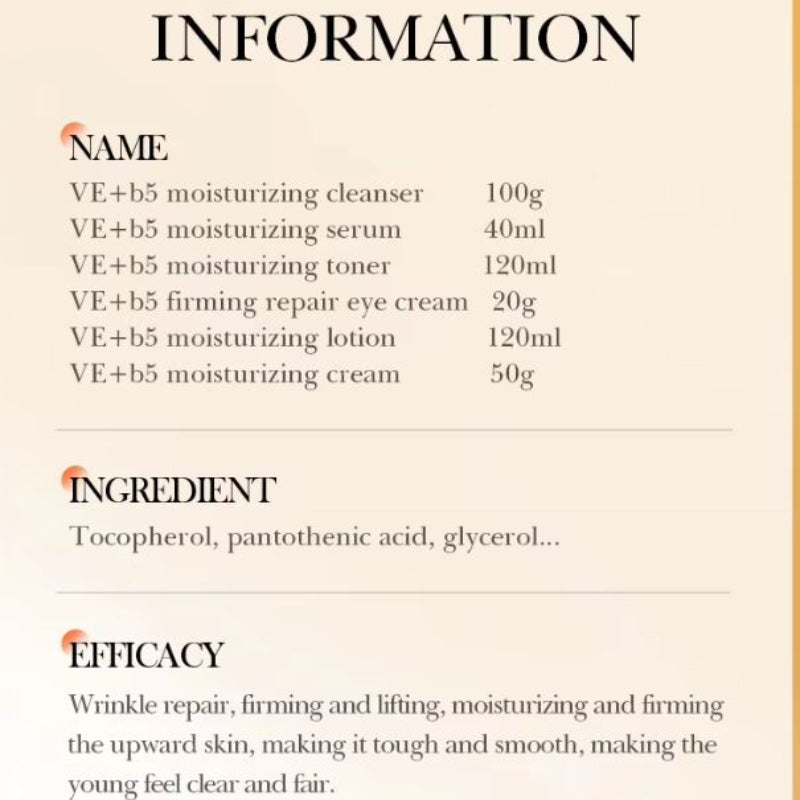 Product information sheet with names, quantities, and descriptions of skincare products.