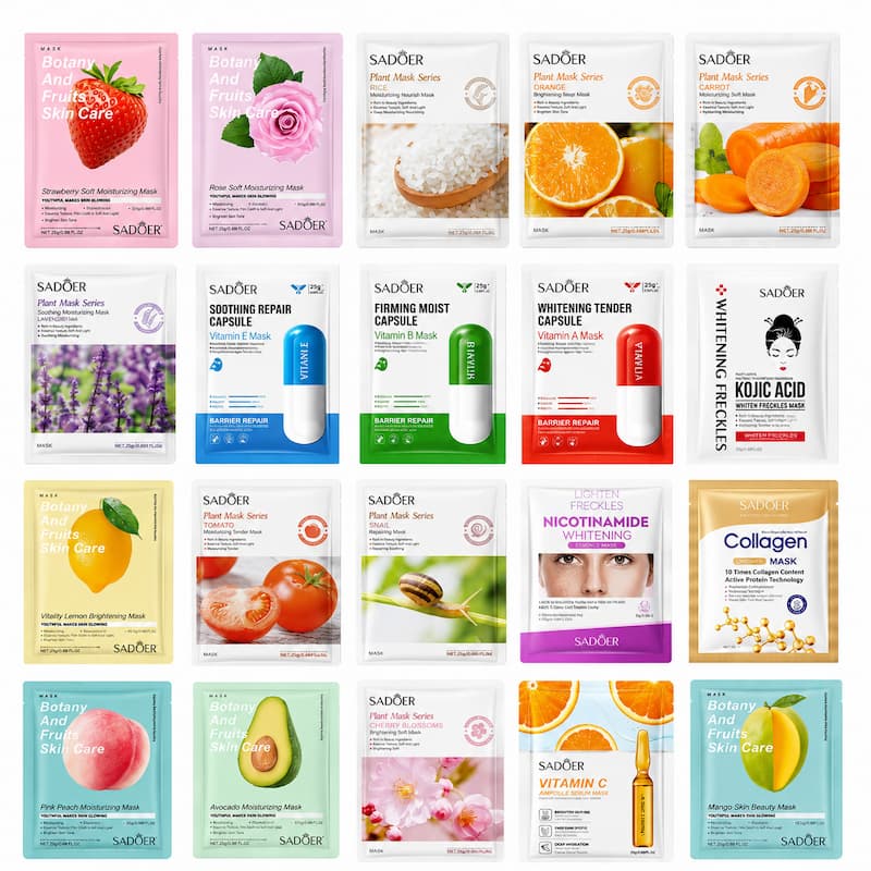 A 4x4 grid of Sadori facial mask packet designs, featuring various fruit and botanical themed masks including strawberry, rose, orange, lavender, green, red, white, yellow, and avocado.