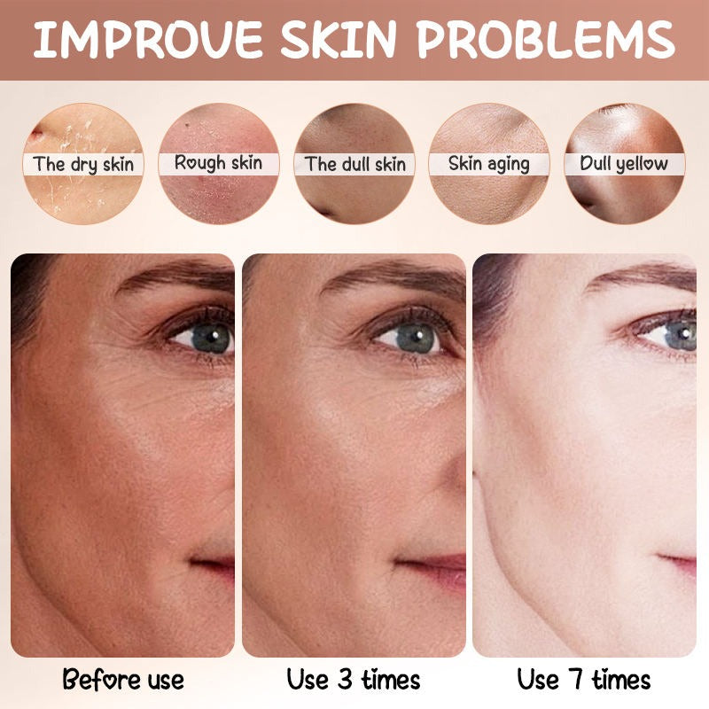 Before and after effects of using a skincare product on a woman's face, with text indicating skin types and usage times.