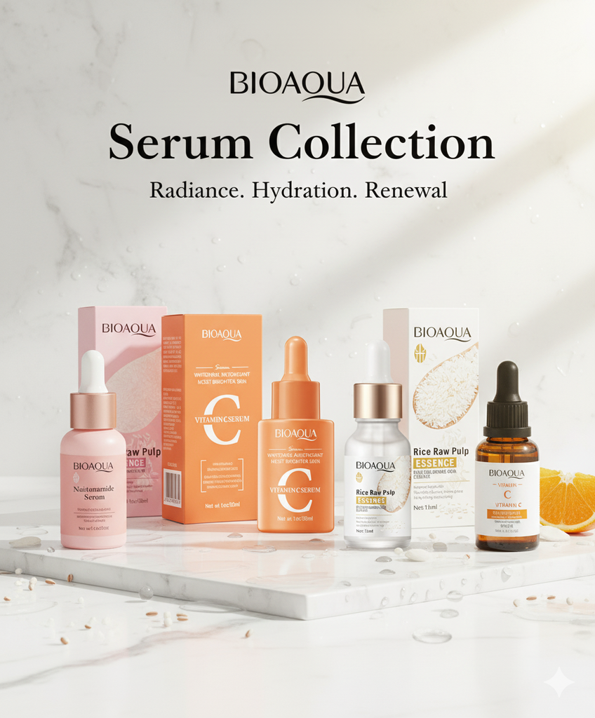 Bioaqua Serum Collection with various skincare products on a marble surface.