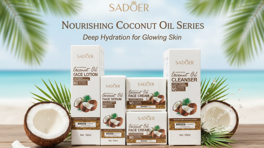 Sadero coconut oil skincare products with coconuts and palm leaves on a beach background