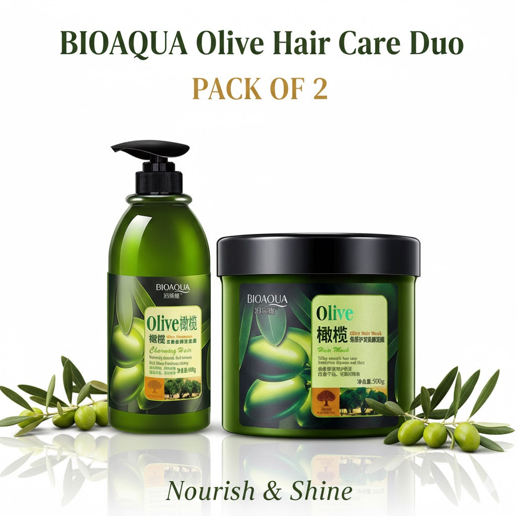 BIOAQUA Olive Hair Care Duo pack with shampoo bottle and hair mask on a white background