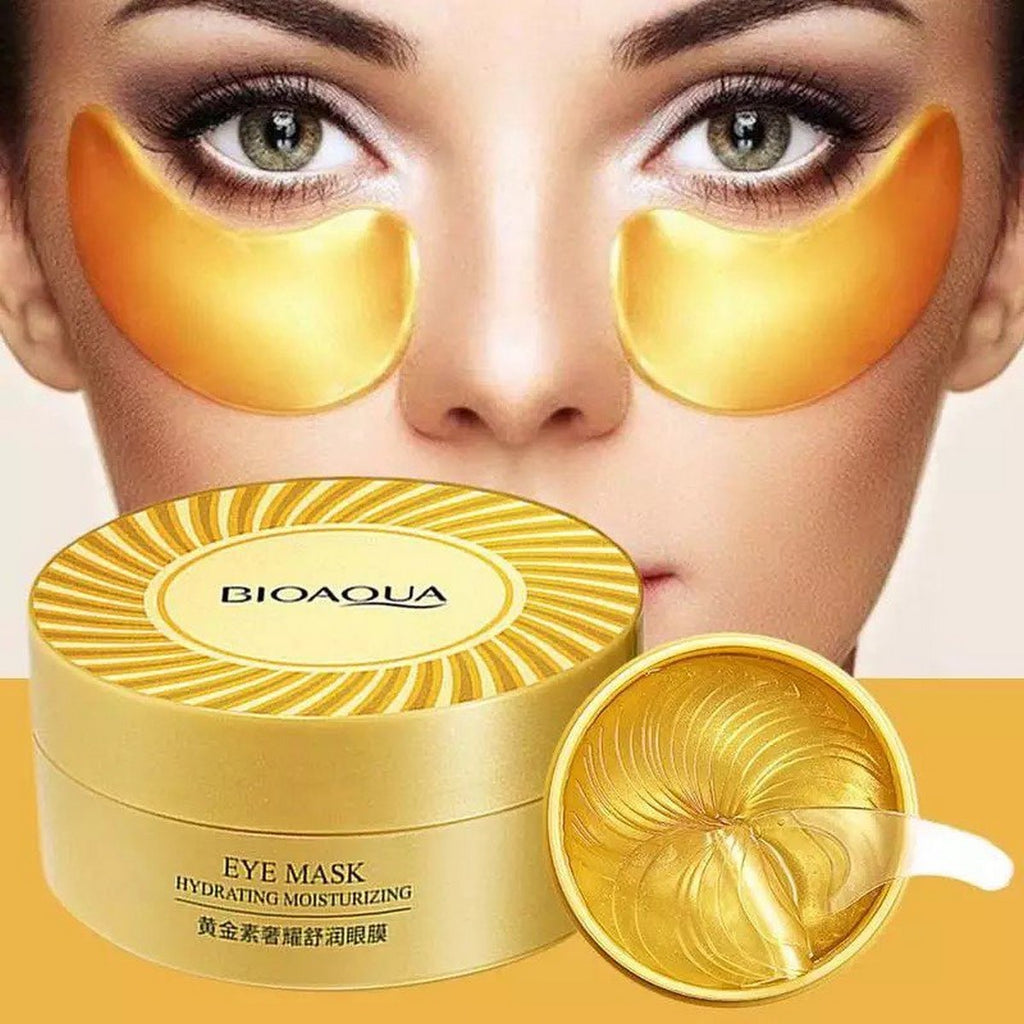 BIOAQUA eye mask packaging with gold eye patches on a beige background