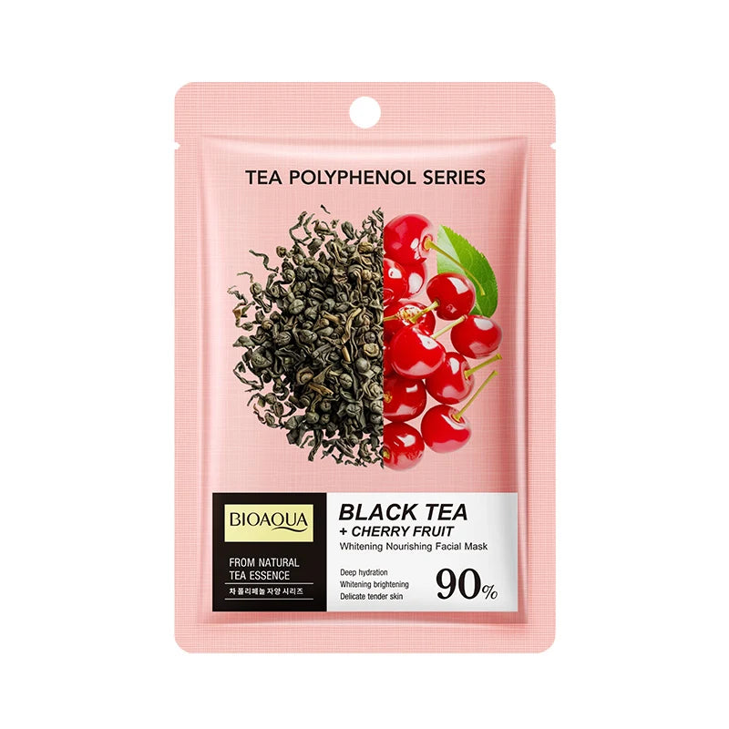 Bioaqua black tea and cherry fruit facial mask packaging on a white background