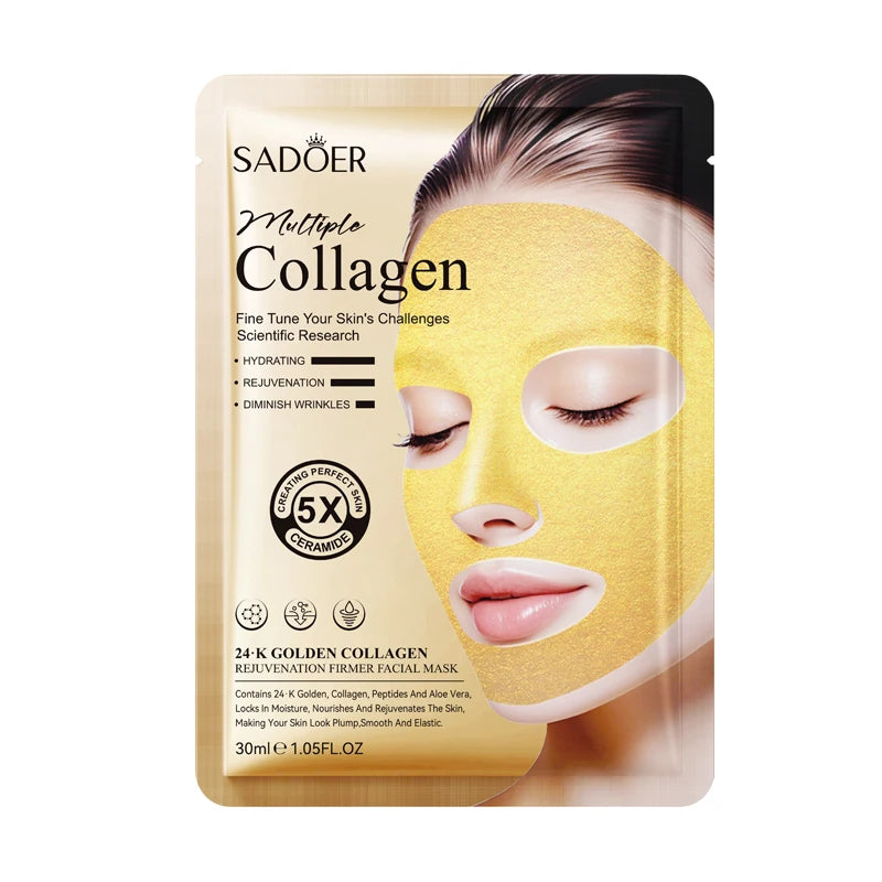 Sadoer Multiple Collagen facial mask packaging with a woman wearing the mask on a white background