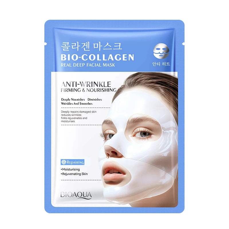 Bio-Collagen facial mask packaging with a blue border and product details.