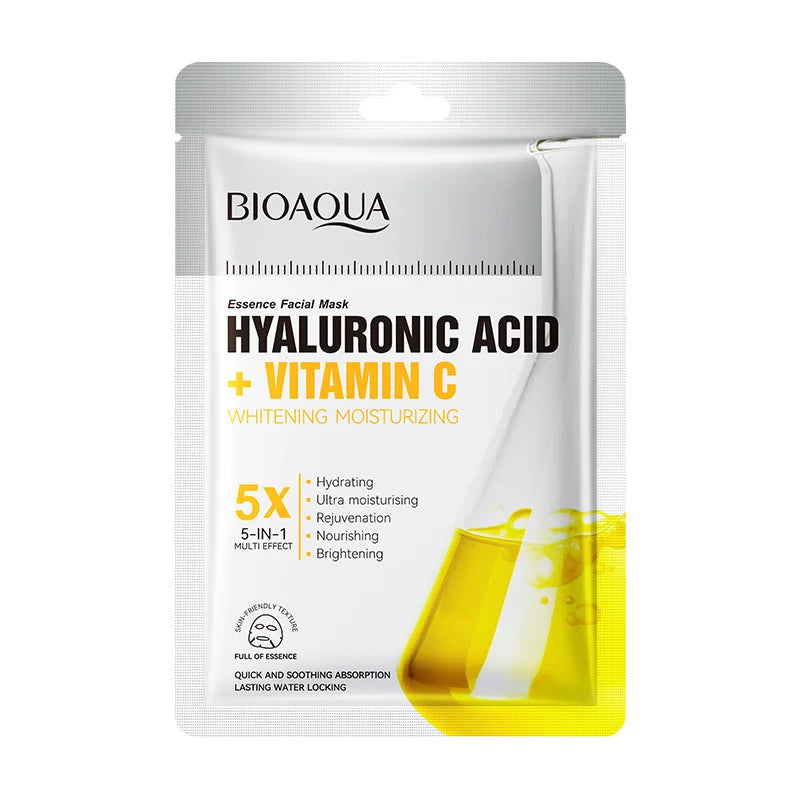 Bioaqua hyaluronic acid and vitamin C facial mask packaging on a white background
