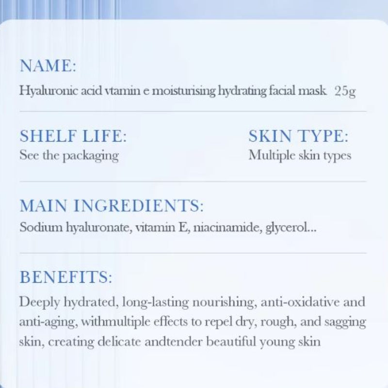 Product label for a hyaluronic acid vitamin E moisturizing hydrating facial mask with details on name, shelf life, skin type, ingredients, and benefits.
