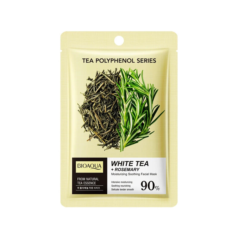 Bioaqua white tea and rosemary facial mask packaging on a white background