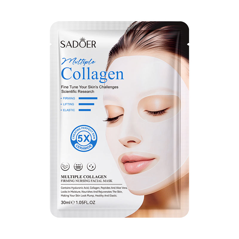 Sadoer Multiple Collagen facial mask packaging with a woman's face on it.