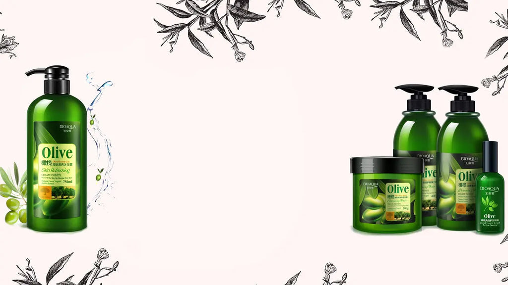 Collection of olive-themed skincare and hair care products on a light background with olive branch decorations.