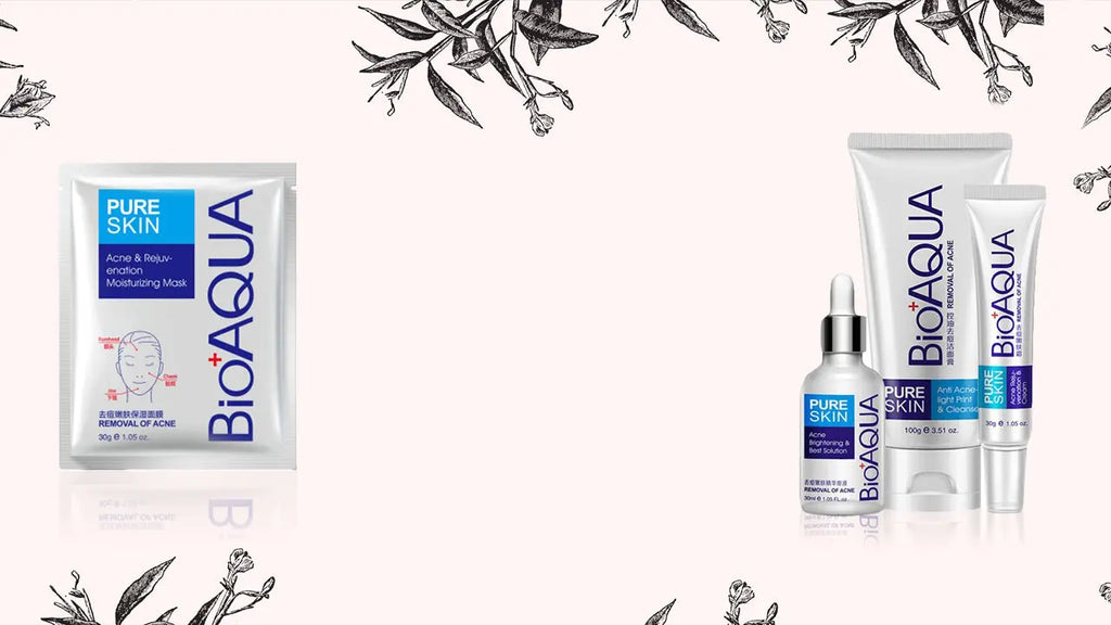 Bioaqua skincare products on a white background with decorative elements
