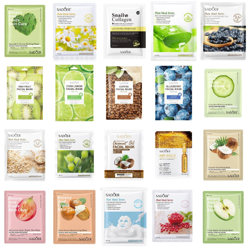 Collection of various facial mask packages with different ingredients and branding.