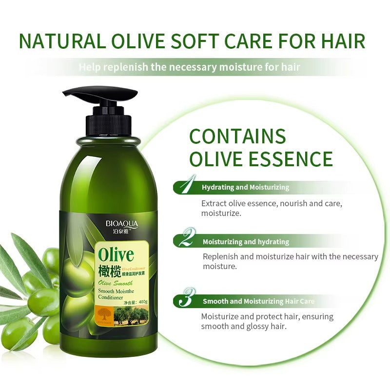 Bioaqua Olive Soft Care for Hair product with olive leaves on a white background
