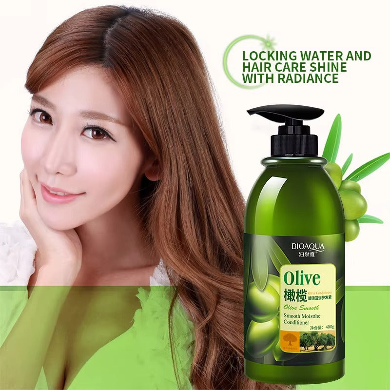 Woman with long brown hair next to a bottle of BIOAQUA olive-conditioner on a white background