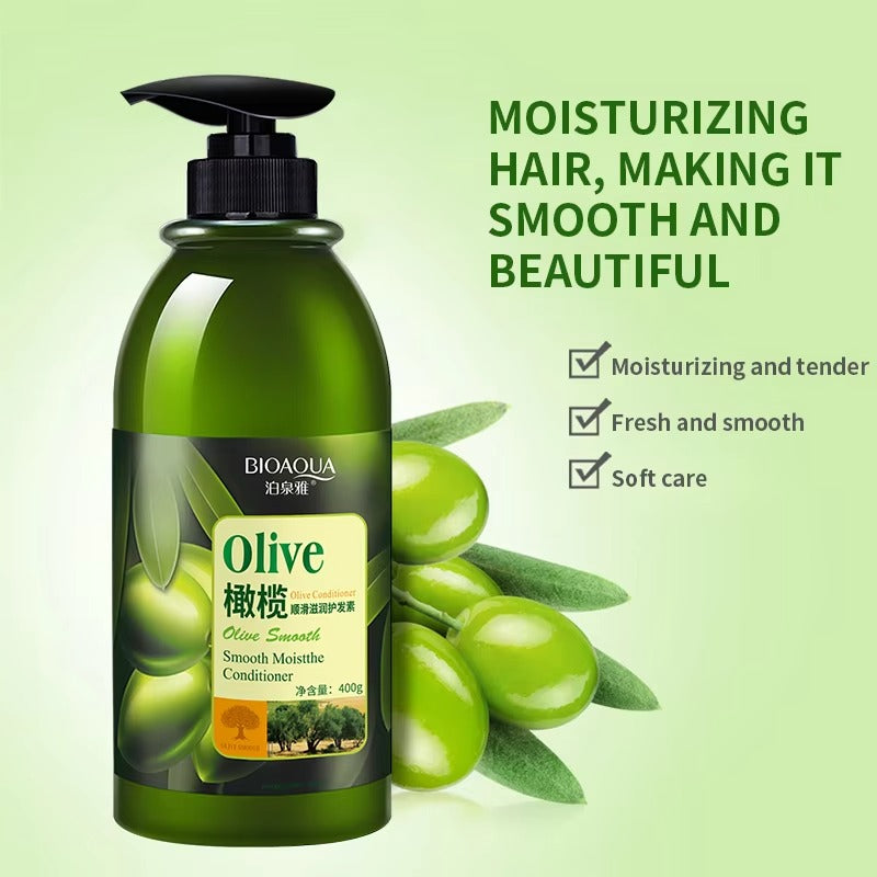 Bioaqua olive smooth conditioner bottle with green olives and leaves on a light green background