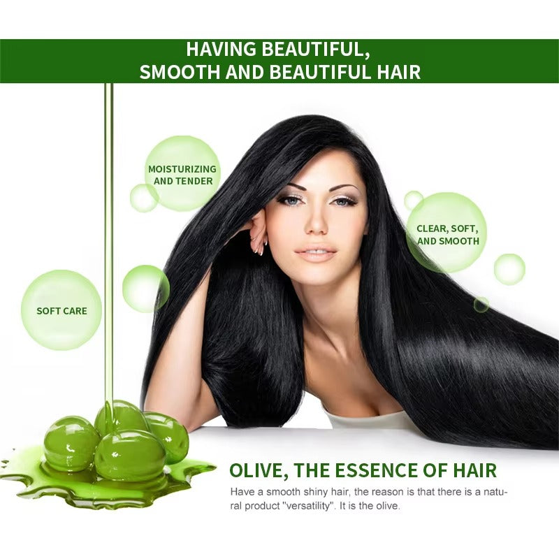 Woman with long black hair and olive oil graphics on a white background
