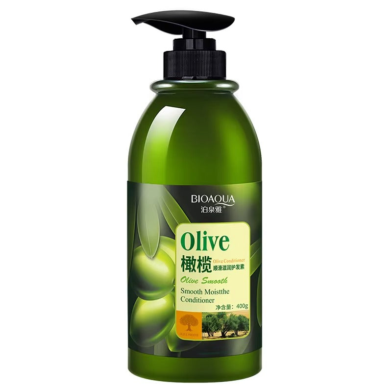 Green bottle of BIOAQUA olive-conditioner on a white background
