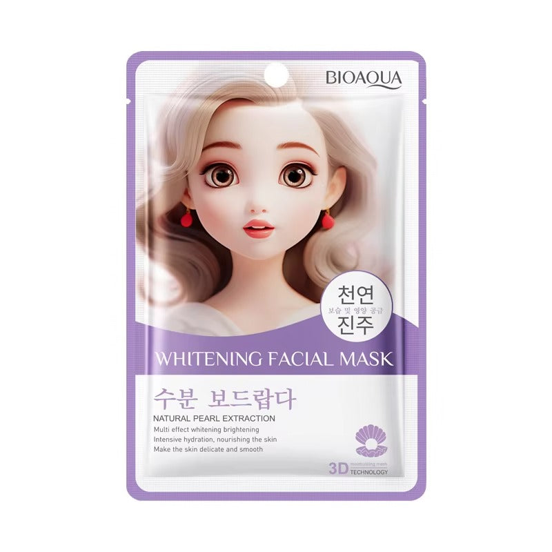 Bioaqua whitening facial mask packaging with a cartoon face on a white background