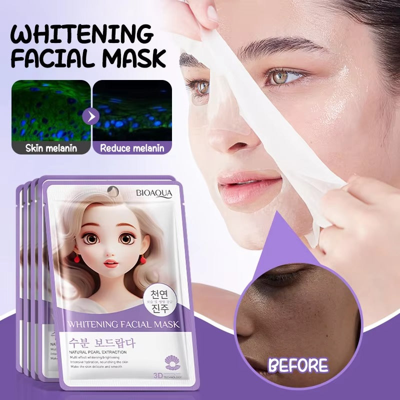 Whitening facial mask packaging with a woman applying the mask and before-and-after effects shown.