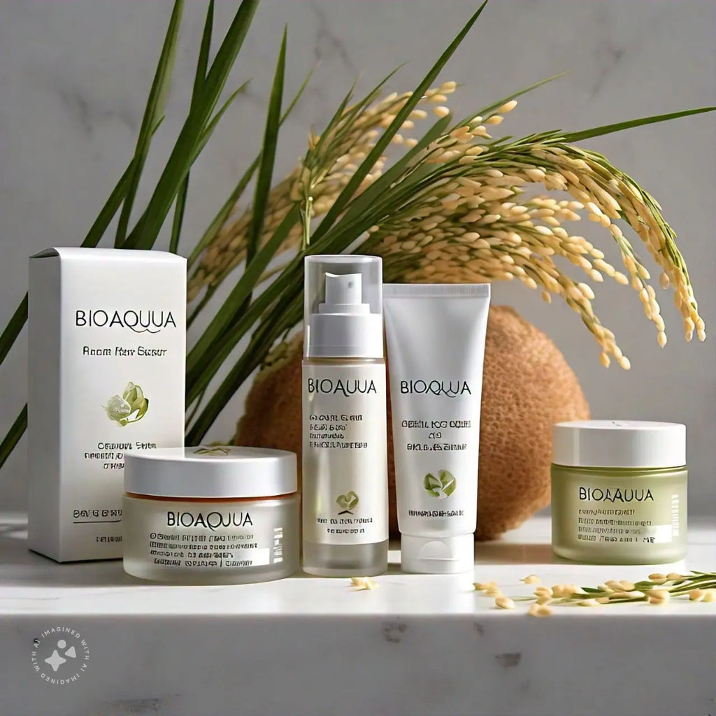 Bioaqua skincare products on a marble surface with a plant in the background