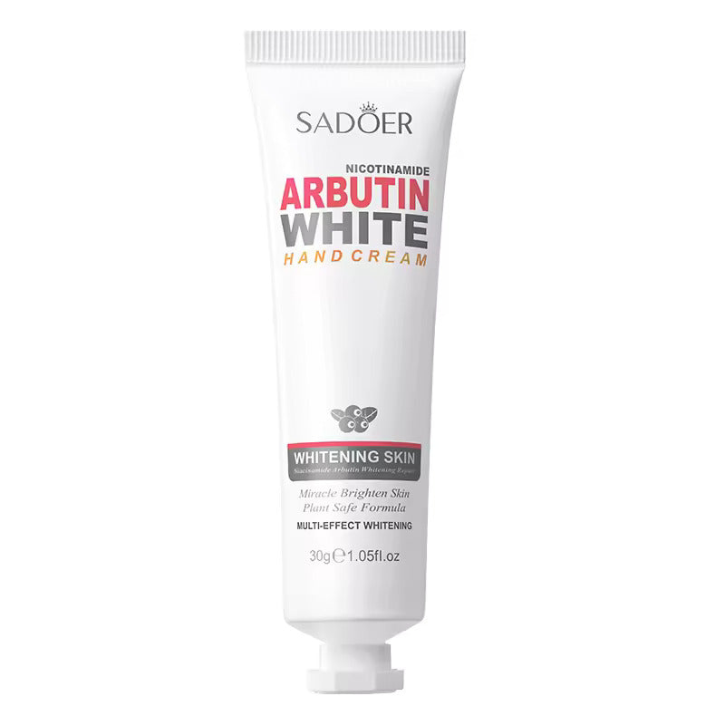A tube of Sadoer Nicotinamide Arbutin White Hand Cream with a white background. The packaging is primarily white with red and black text, and an image of a butterfly.
