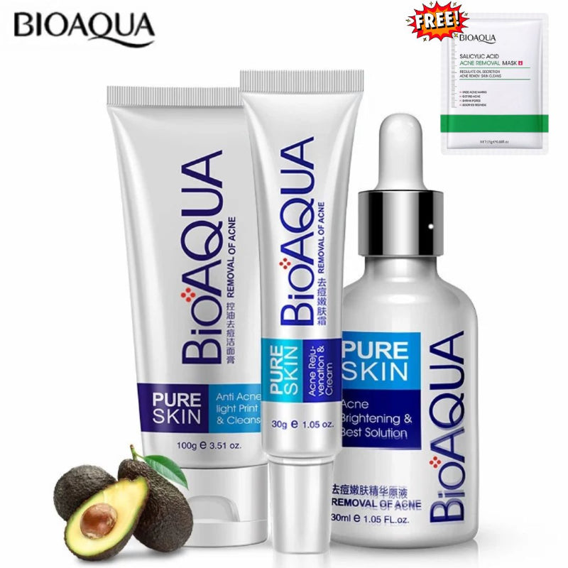BioAqua skincare products including cream tubes and a dropper bottle on a white background.