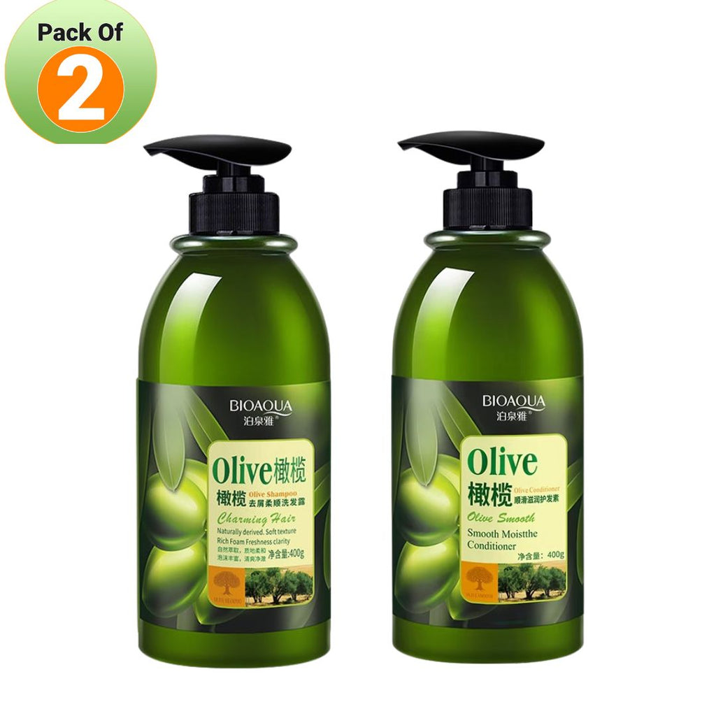 Two bottles of BIOAQUA olive shampoo and conditioner on a white background