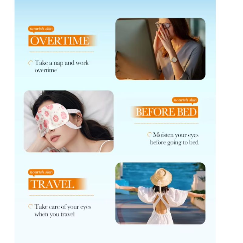 Promotional graphic for a sleep mask with usage scenarios on a light blue background.