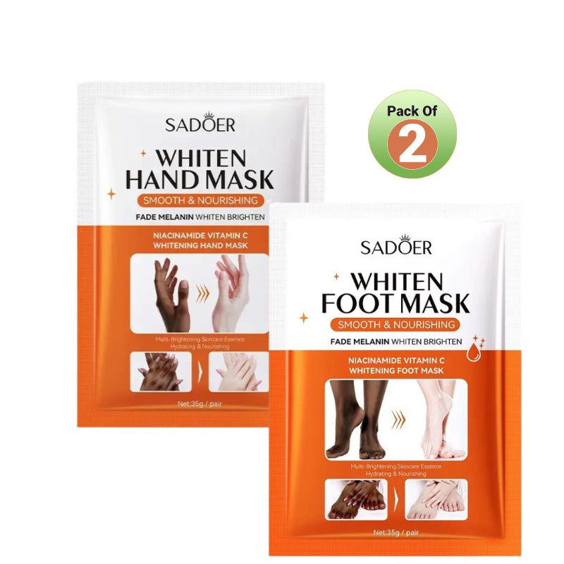 Two packages of Sadoer whitening hand and foot masks on a white background