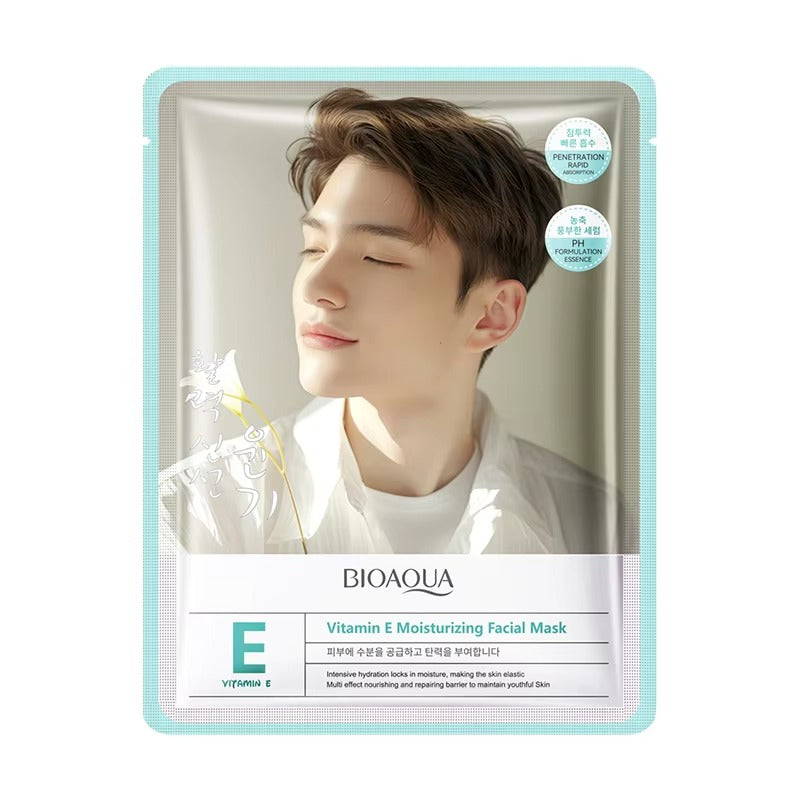 BIOAQUA Vitamin E Moisturizing Facial Mask packaging with a person's face on it.