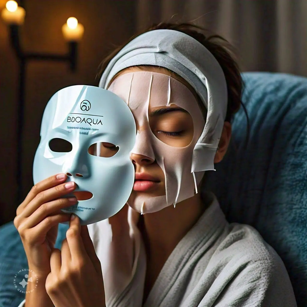 Person wearing a face mask with another mask labeled 'Biodaqua' held in front of them.