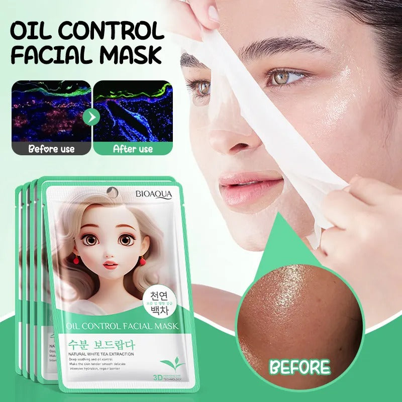 Oil control facial mask packaging with a woman applying the mask and before-and-after effects shown.